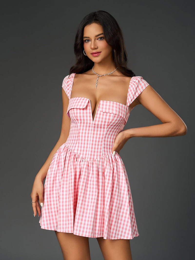 Fly Sleeve V-neck Plaid Print Mini Dress