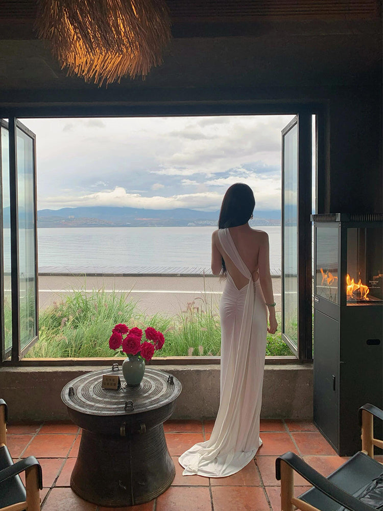 French-inspired White Ribbon Tie Backless Maxi Dress _ Beach & Evening Elegance