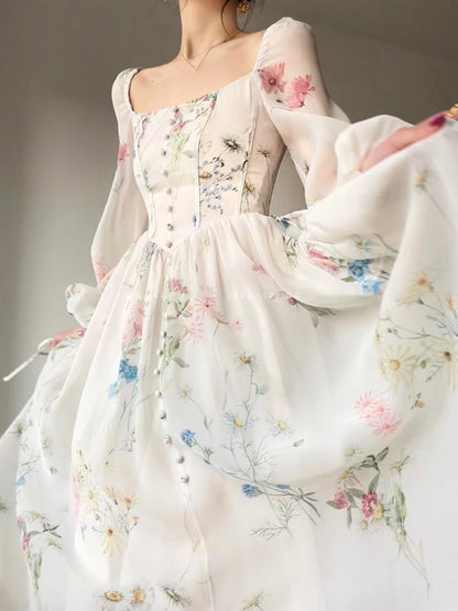 French Vinatge Evening Party Long Dresses for A-line Princess Dress Lantern Sleeve Spring Summer Prom Robe Vestidos