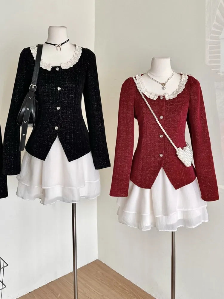 French Mini Dress Square Collar Long Sleeves Layered Ruffles Patchwork A-line Autumn Spring Y2k Vestidos