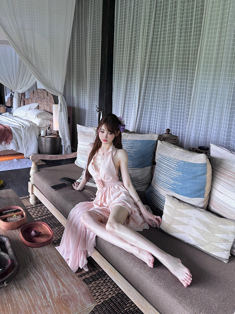 French Beach Chiffon Halter Maxi Dress _ Dreamy Flowing Sundress