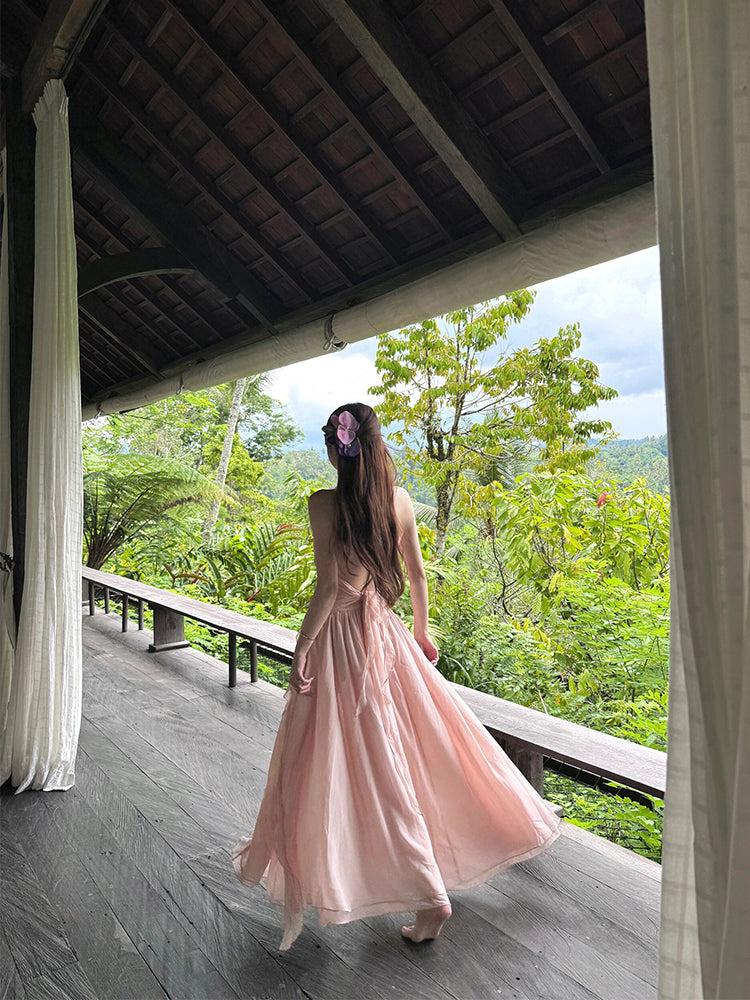 French Beach Chiffon Halter Maxi Dress _ Dreamy Flowing Sundress