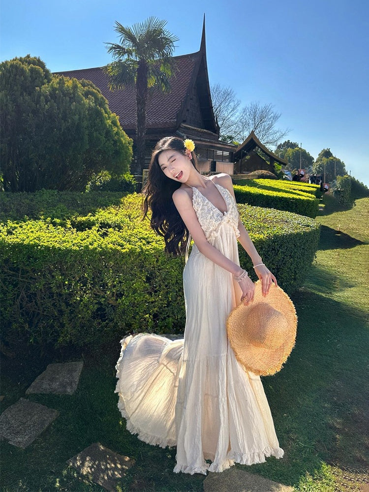 French Halter V-neck Backless Maxi Dress _ Beach Vacation Sundress