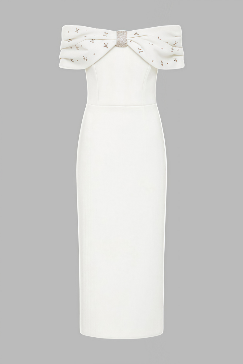 Zivaf White Beaded Rhinestone Midi Dress