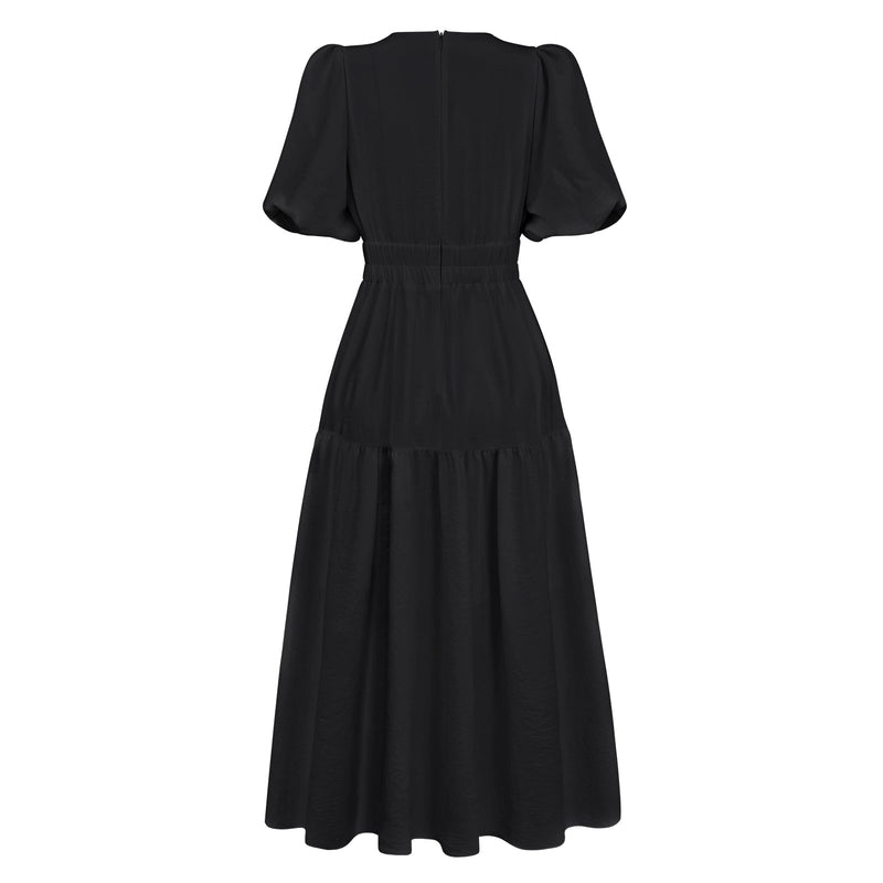 Kimona Smocked Short Sleeve Maxi Dress - Black