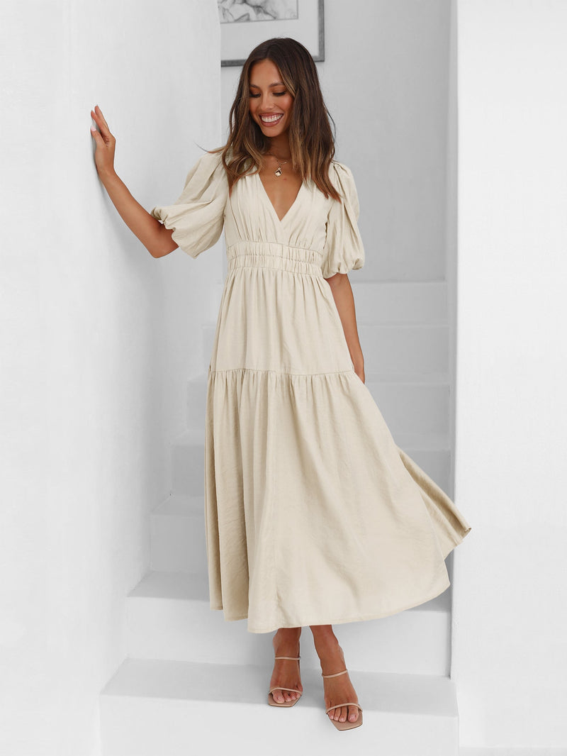 Kimona Smocked Short Sleeve Maxi Dress - Beige