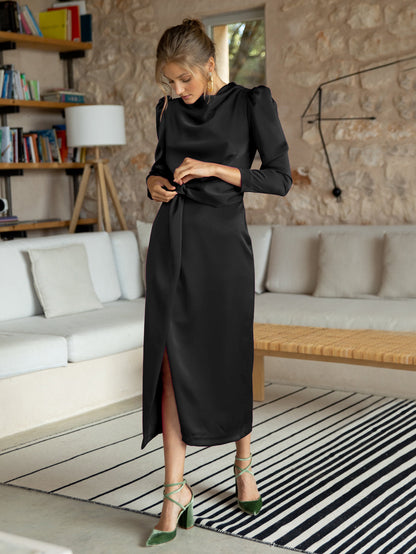 Ximena Satin Long Sleeve Midi Dress - Black