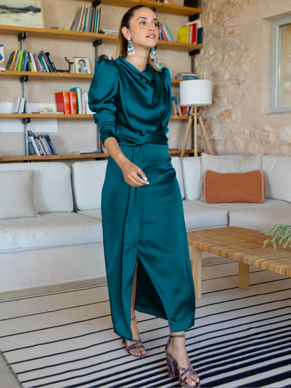 Ximena Satin Long Sleeve Midi Dress - Teal