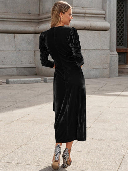 Florence Metallic Velvet Tie Waist Midi Dress - Black