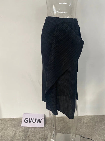 Splited Irregular Pleated Color Elastic Waist Skirt