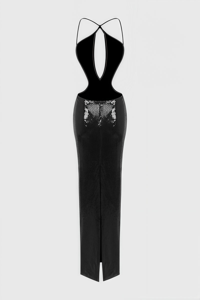 Creamy Black Cutout Sequin Maxi Dress