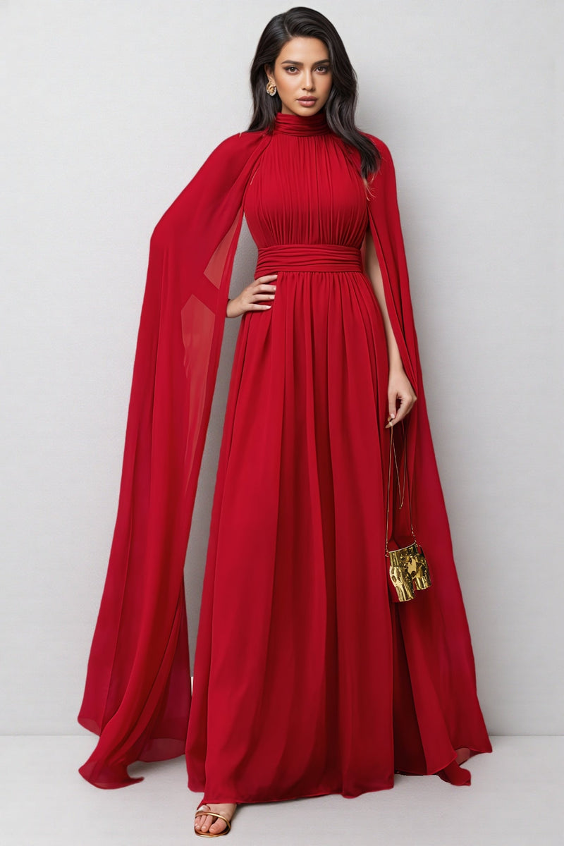 Berit Red Cape Sleeve Mesh Maxi Dress