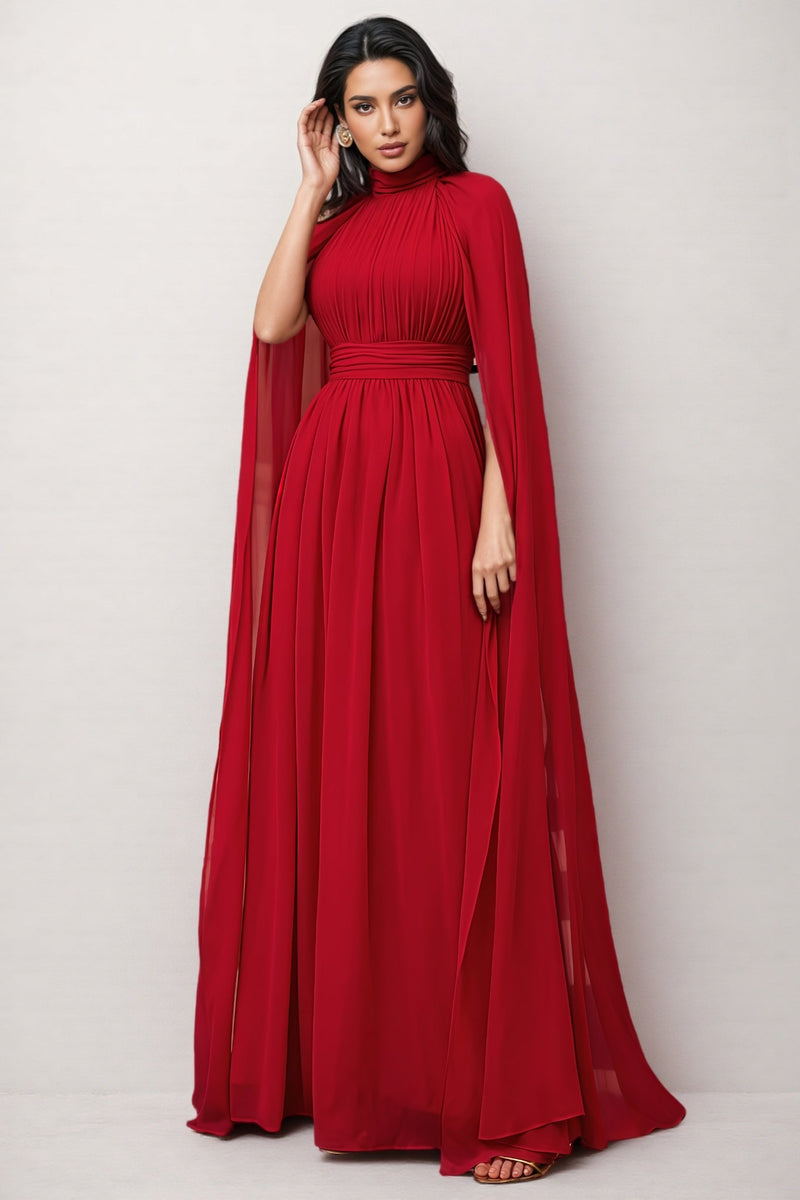 Berit Red Cape Sleeve Mesh Maxi Dress
