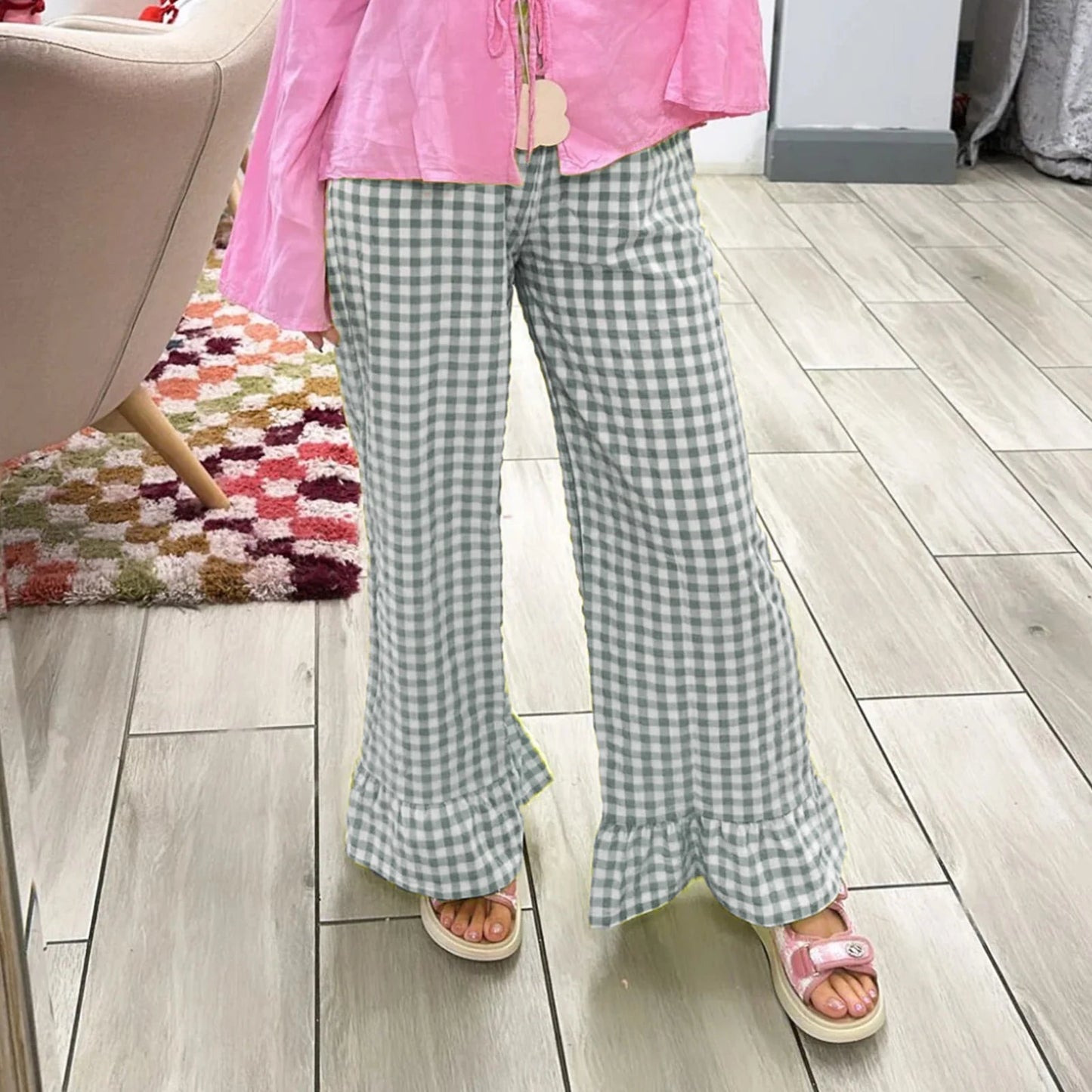 Plaid Flared Gingham Long Elastic Waist Fit Pant