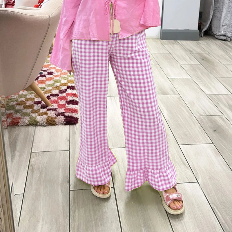 Plaid Flared Gingham Long Elastic Waist Fit Pant