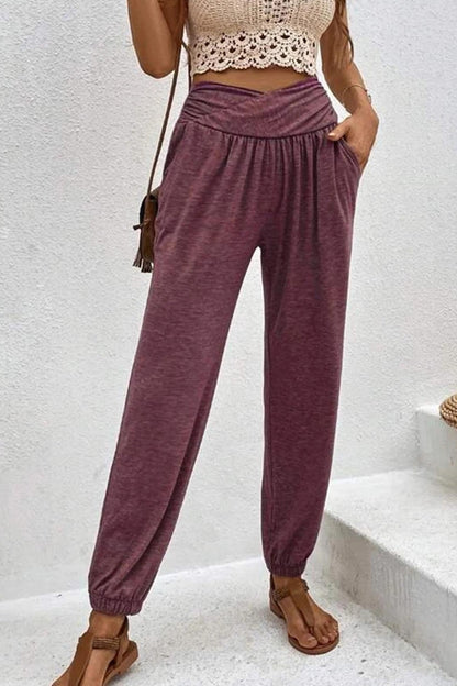 Gathered High Waist Long Pants