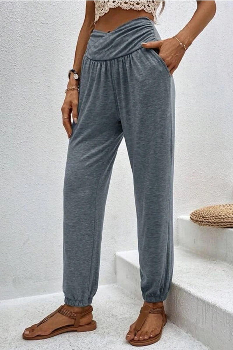 Gathered High Waist Long Pants