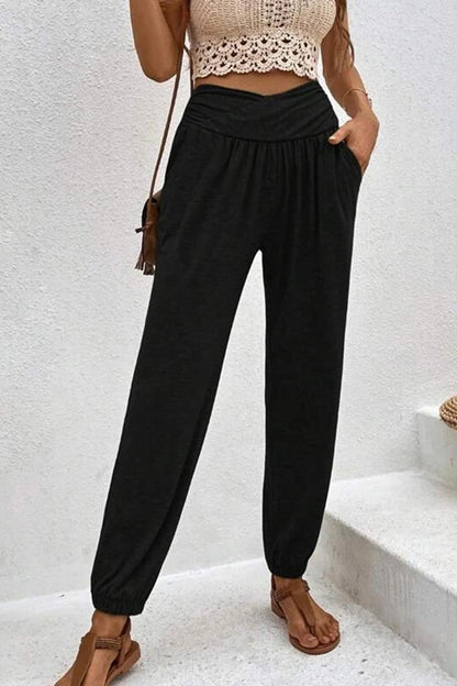Gathered High Waist Long Pants