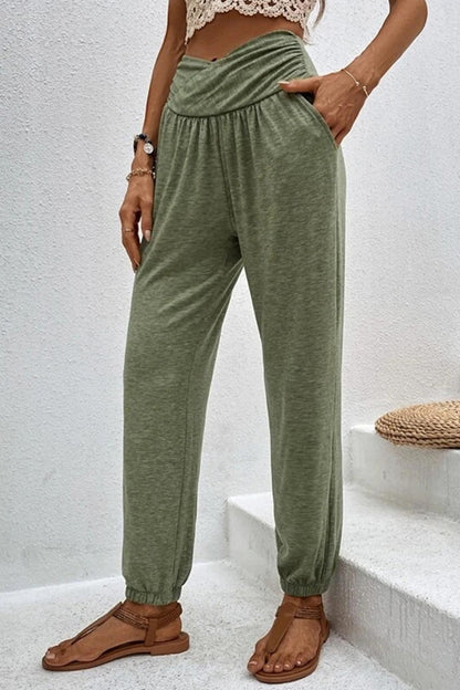 Gathered High Waist Long Pants