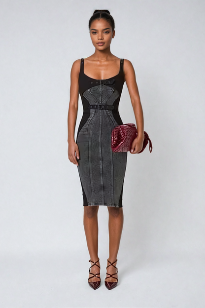 Gauri Buckle Deconstruct Midi Dress in Black