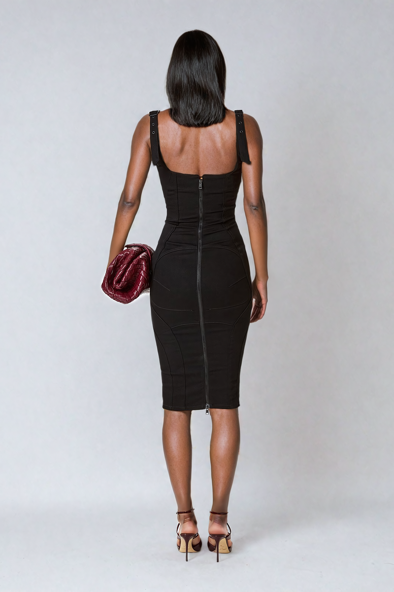 Gauri Buckle Deconstruct Midi Dress in Black