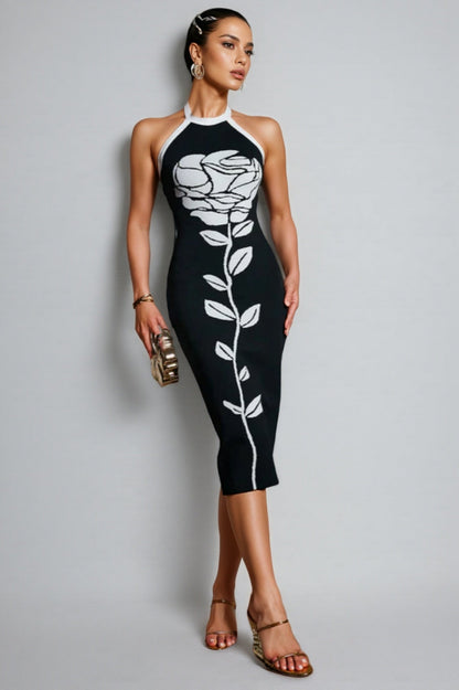 Jeston Halterneck Flower Bandage Midi Dress