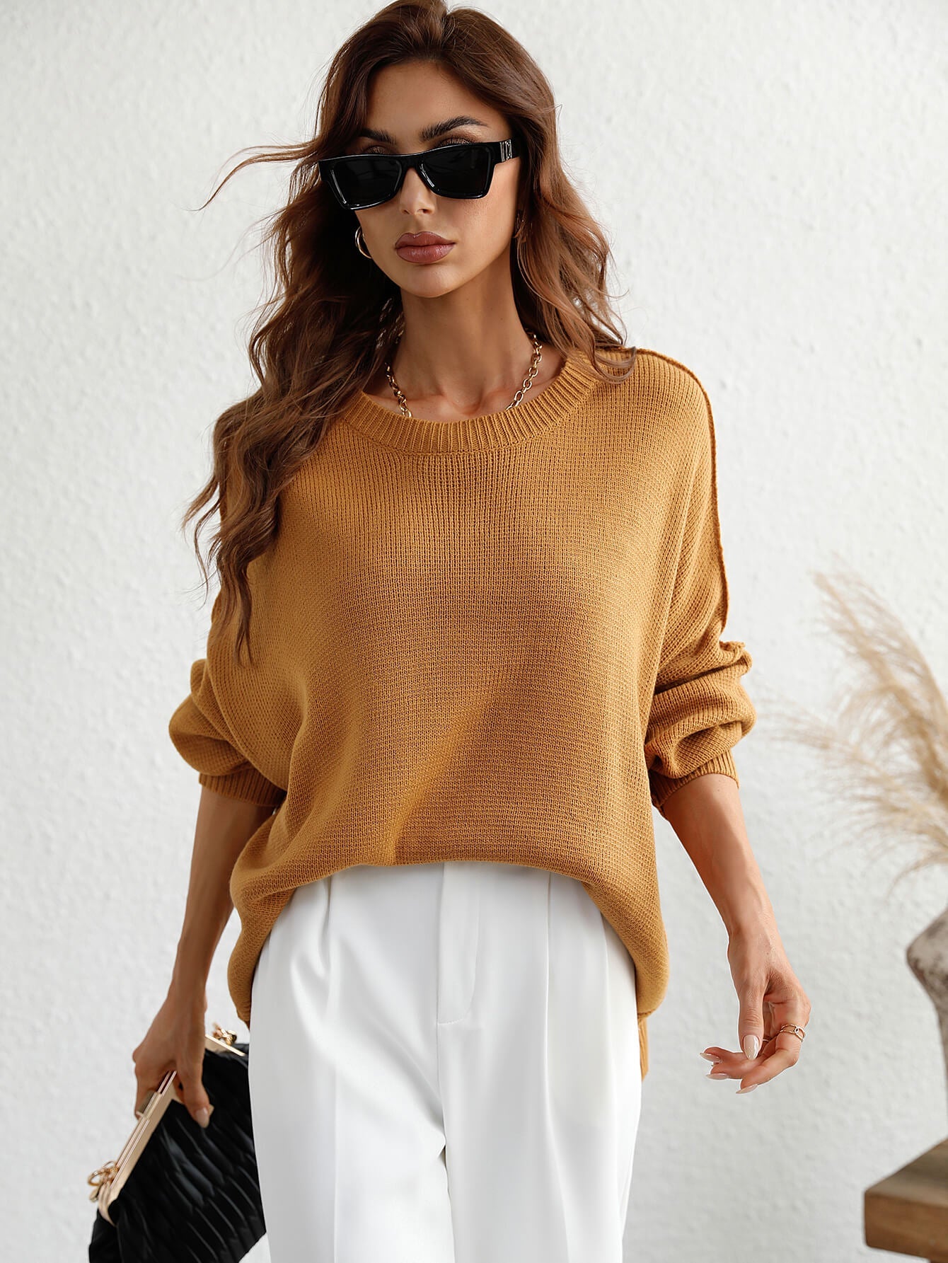 Oversized Batwing Sleeve Knit Sweater - Ginger