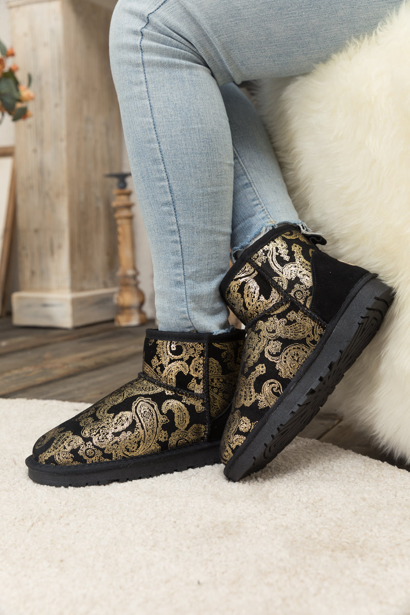 Embroidered Faux Fur-lined Leather Suede Boot