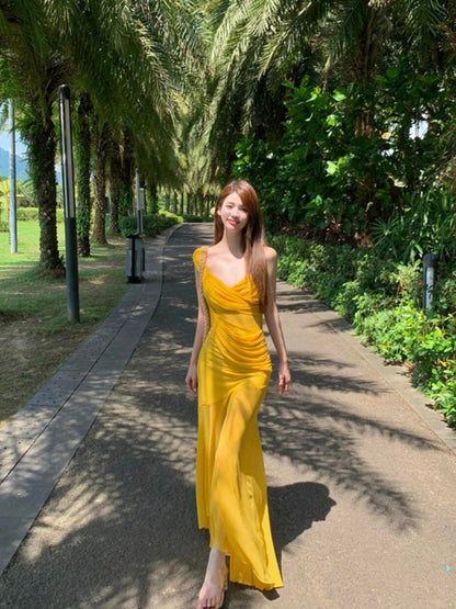 Golden Mesh Ruffle V-neck Maxi Dress _ Flowing & Photogenic Beach Gown