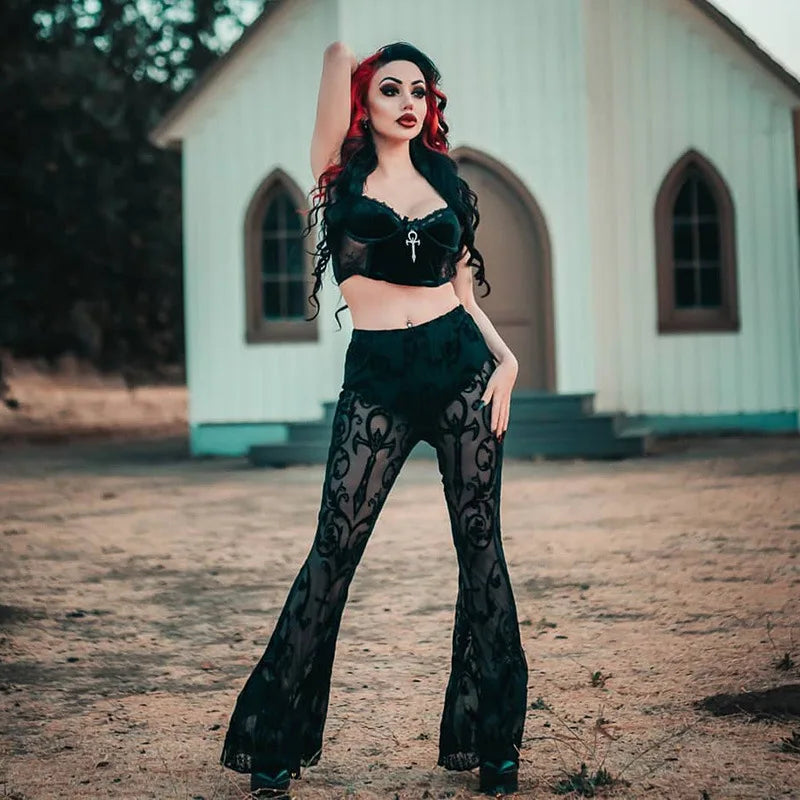 Goth Aesthetic Black Flared Pants Harajuku See Through Pants