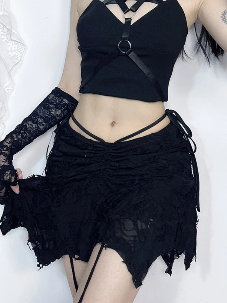 Goth Black Holes Lace-up Mini Folds Irregular Bodycon Short New Skirt