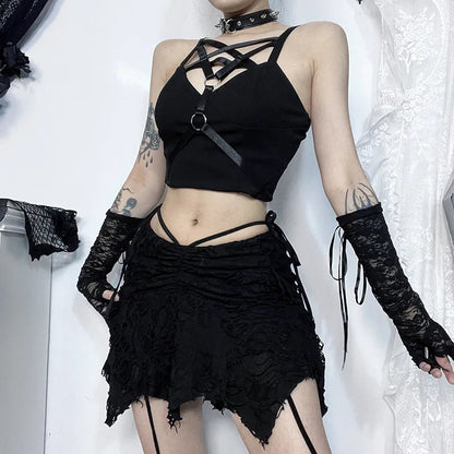 Goth Black Holes Lace-up Mini Folds Irregular Bodycon Short New Skirt