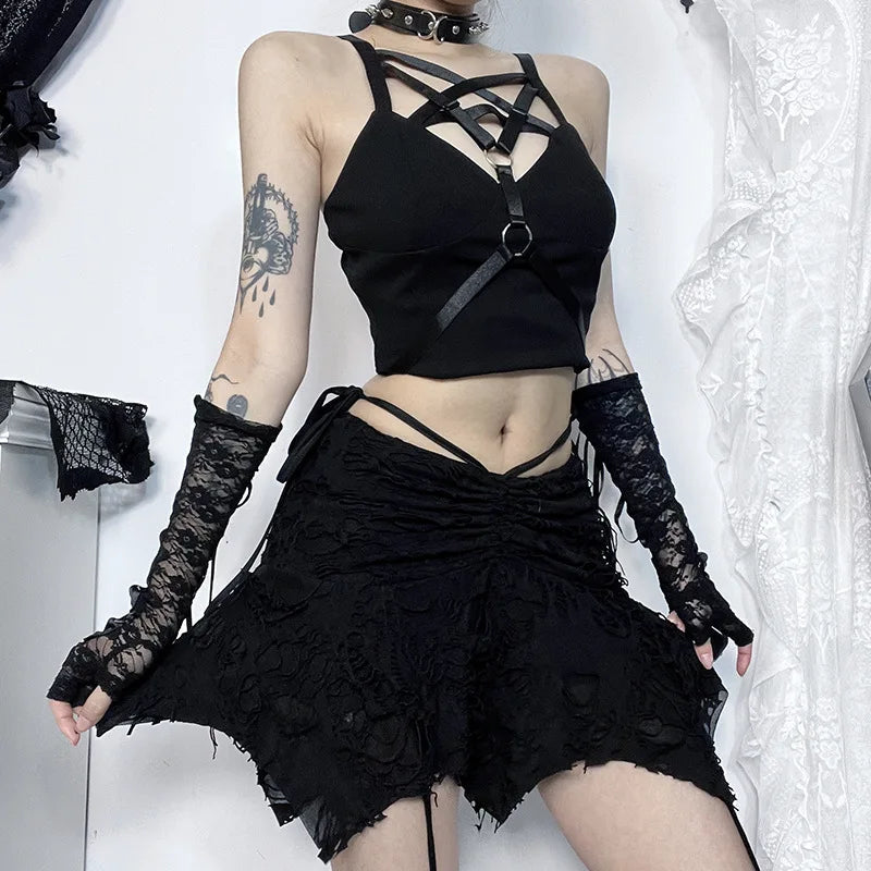 Goth Black Holes Lace-up Mini Folds Irregular Bodycon Short New Skirt