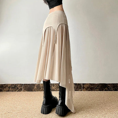 Goth Cyber Y2k Irregular Hem Mid Harajuku Mesh Patchwork Club Alt Skirt