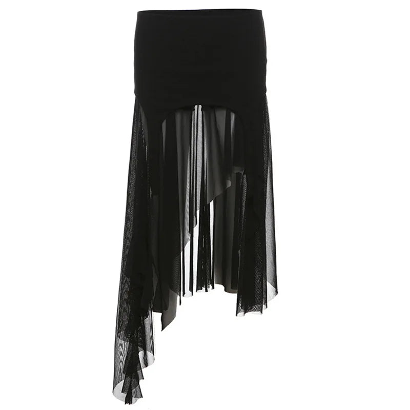 Goth Cyber Y2k Irregular Hem Mid Harajuku Mesh Patchwork Club Alt Skirt