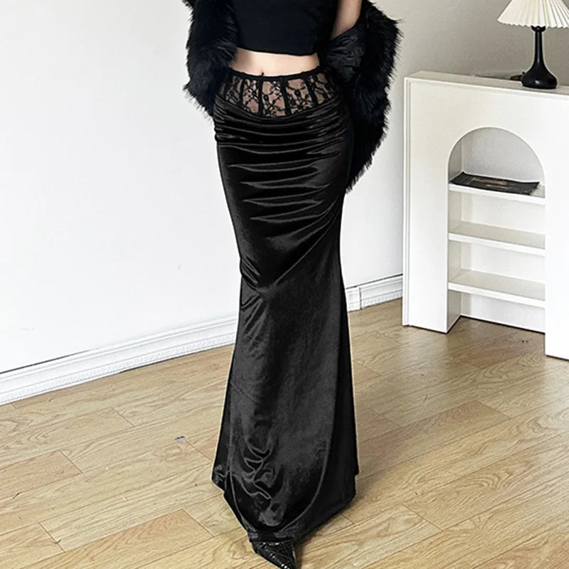 Goth Dark Mall Gothic Velvet Trumpet Y2k Partywear Lace Patchwork Long Skirt