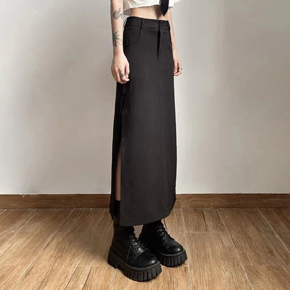 Goth Dark Black Y2k Cargo Midi Grunge Gothic Split High Waist Skirt