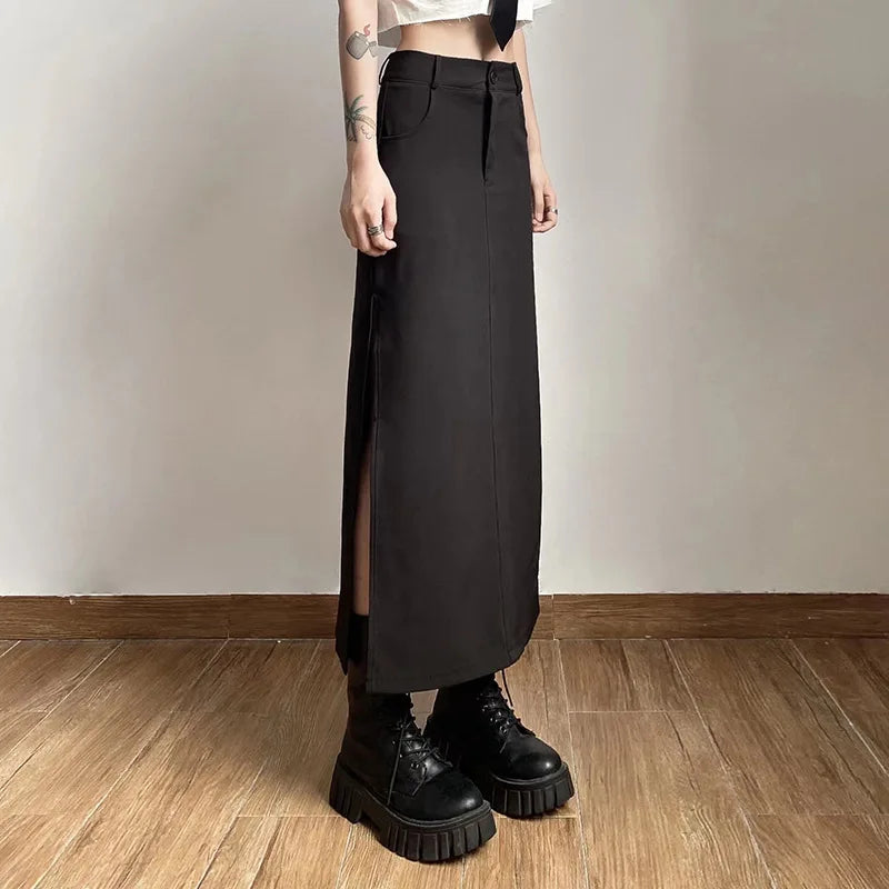 Goth Dark Black Y2k Cargo Midi Grunge Gothic Split High Waist Skirt