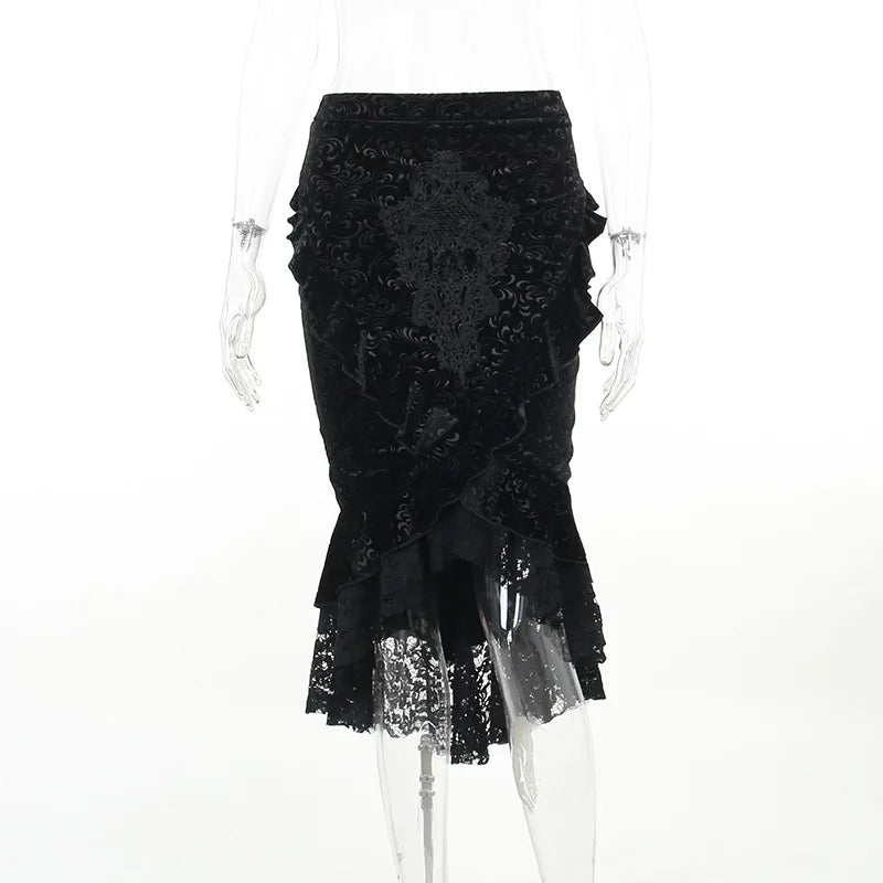 Goth Dark Mall Gothic Ruffles Mermaid Grunge Aesthetic Lace Hem Midi Skirt