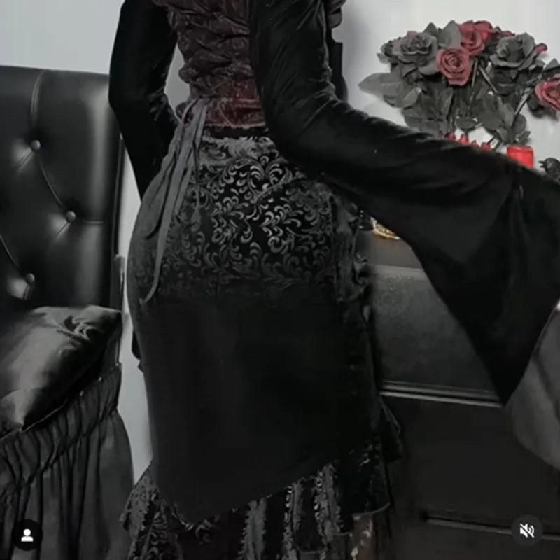 Goth Dark Mall Gothic Ruffles Mermaid Grunge Aesthetic Lace Hem Midi Skirt