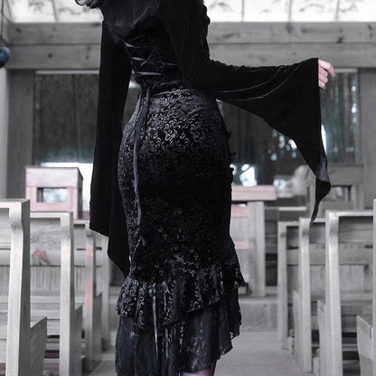 Goth Dark Mall Gothic Ruffles Mermaid Grunge Aesthetic Lace Hem Midi Skirt