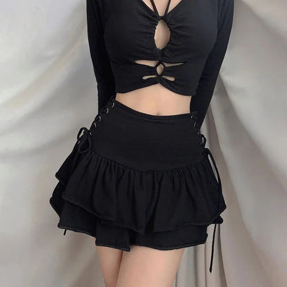 Japanese Harajuku Sweet Lace Plaid High Waist Pleated Gothic Skirt