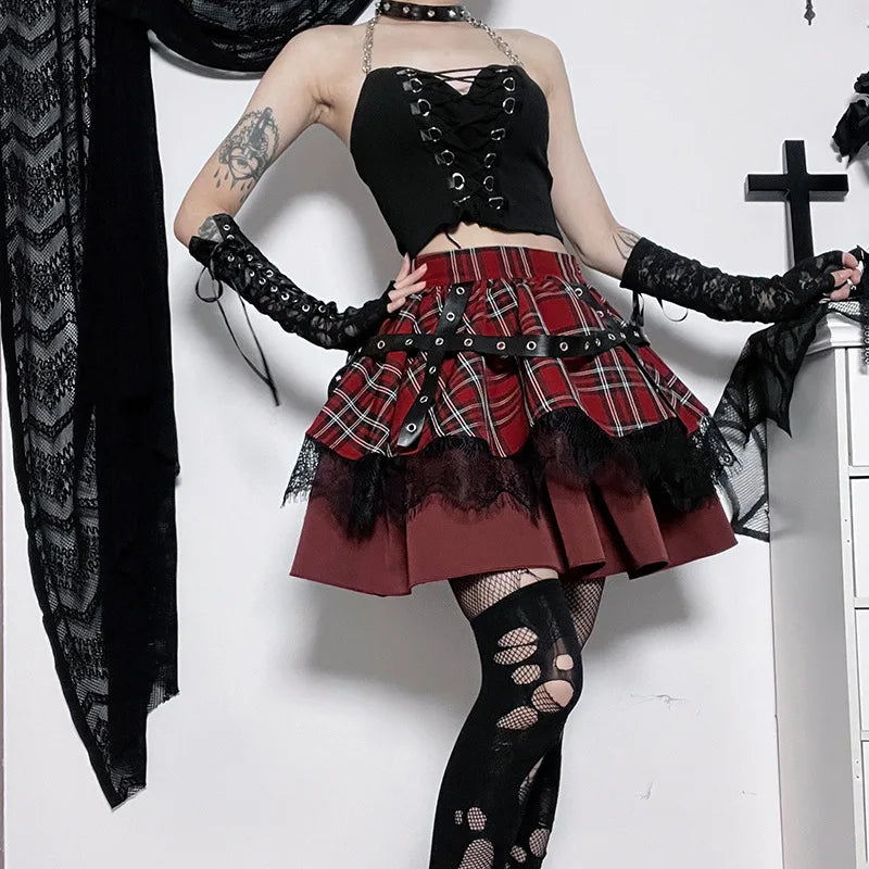 Y2k Lolita Cake Mini Gothic Harajuku Plaid Pleated Sweet Lace Kawaii Skirt