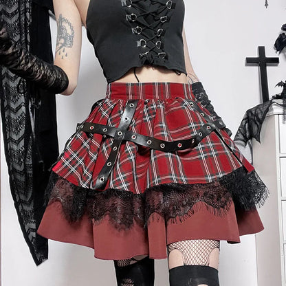 Y2k Lolita Cake Mini Gothic Harajuku Plaid Pleated Sweet Lace Kawaii Skirt