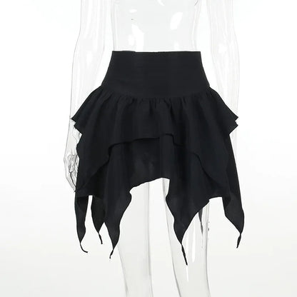 Irregular Color Drawstring Tie-up Ruched Ruffles Mini Skirt