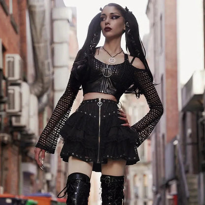High Waist Zipper Front Japanese Style Kawaii Black Harajuku Gothic Skater Mini Skirt