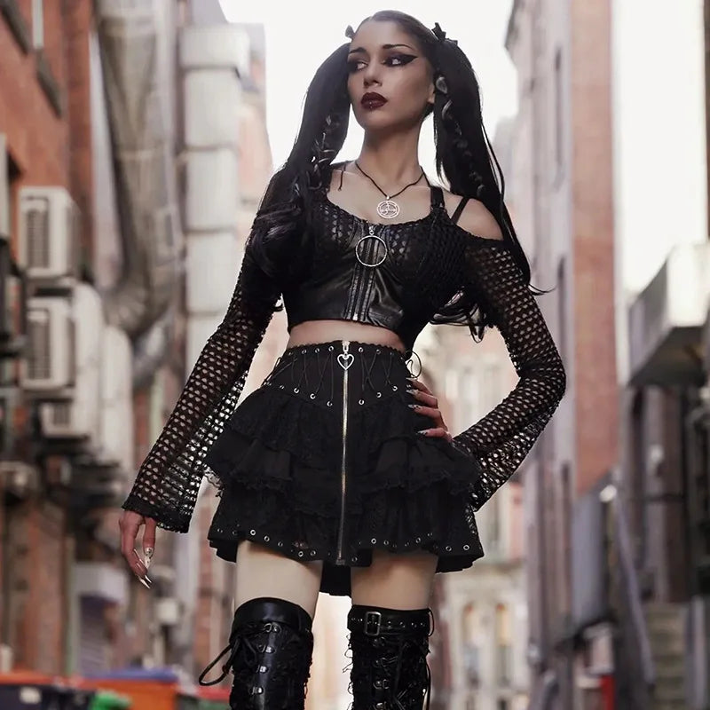 Gothic High Waist Zipper Front Japanese Kawaii Black Cosplay Skirt