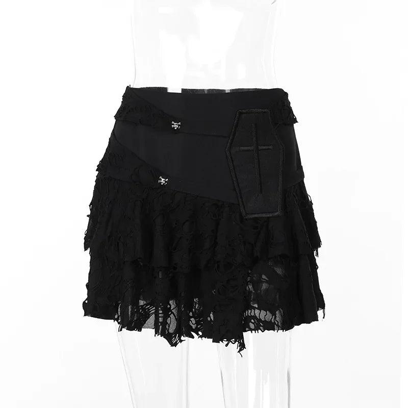 Gothic Style Lace Cake for Summer With Versatile Ripped Hole Fabric Skirt