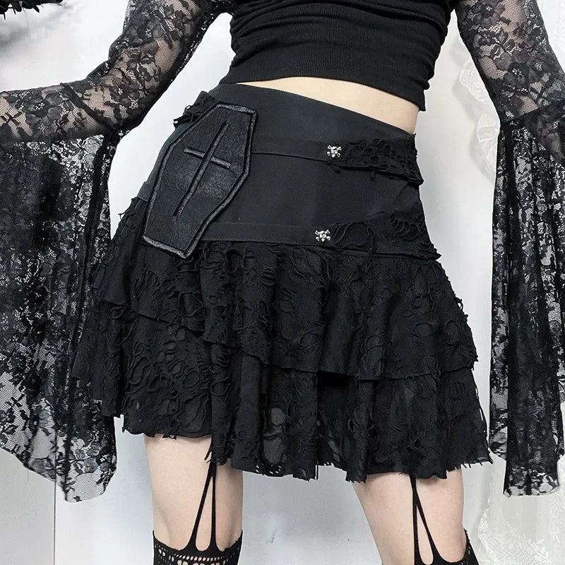 Gothic Style Lace Cake for Summer With Versatile Ripped Hole Fabric Skirt