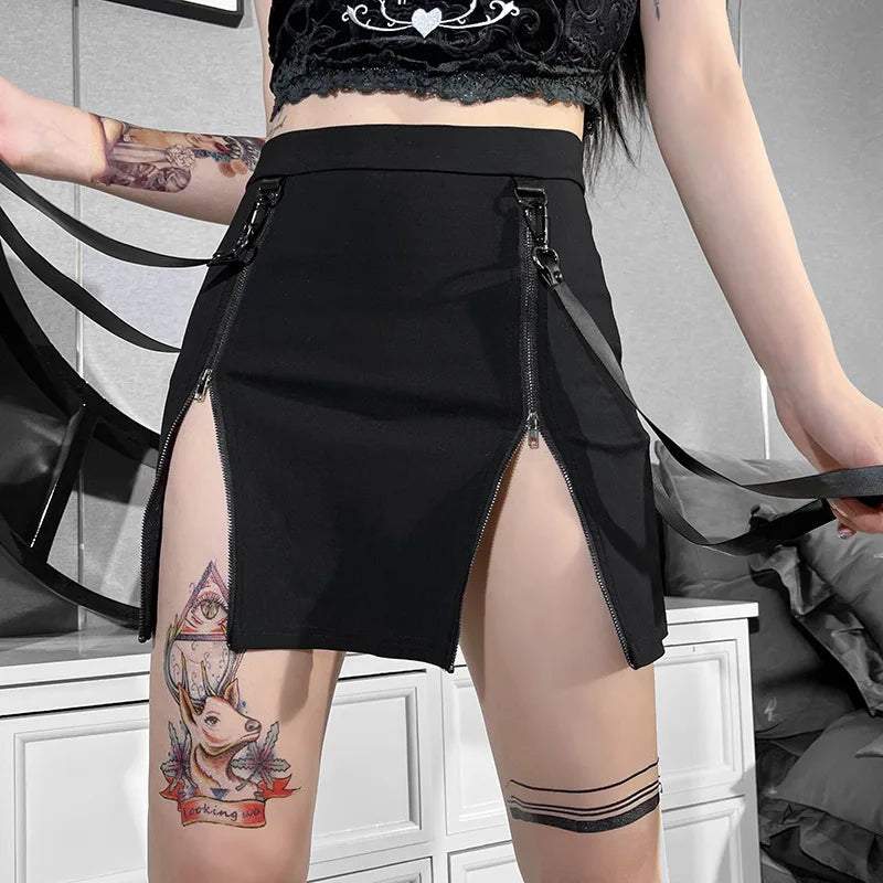Gothic Zip Split Mini Grunge Strap Black High Waist Pencil E-girl Skirt